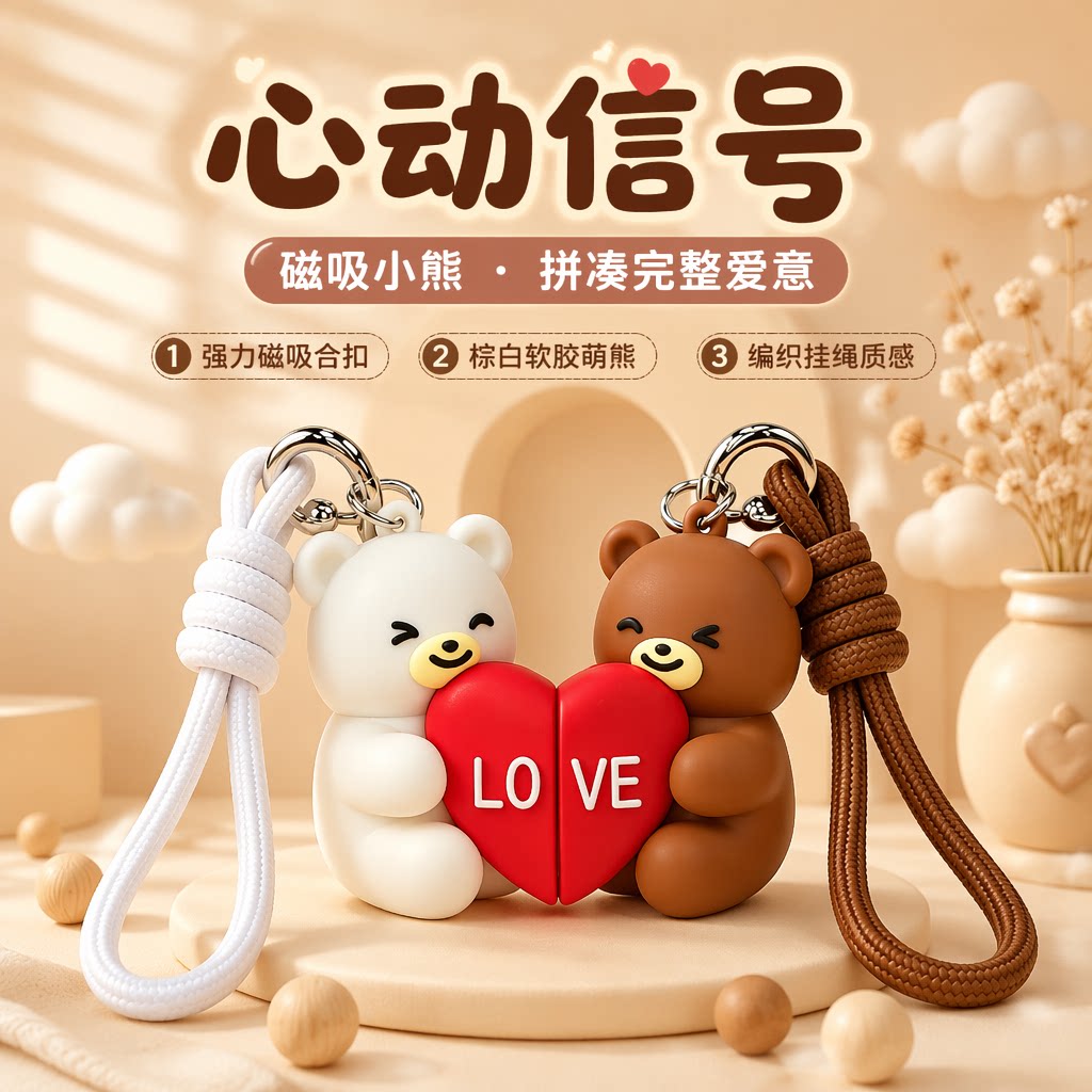 抱心小熊情侣磁吸挂件七夕礼物
