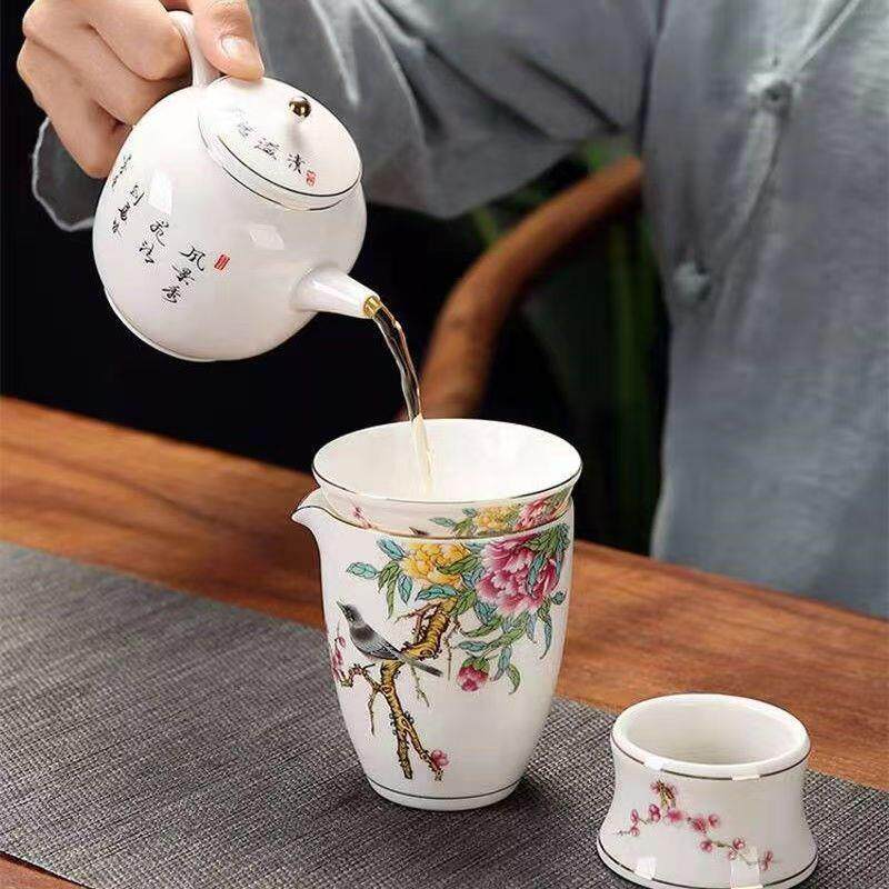 高档花开富贵茶具套装田园花鸟泡茶器羊脂玉高端三才盖碗