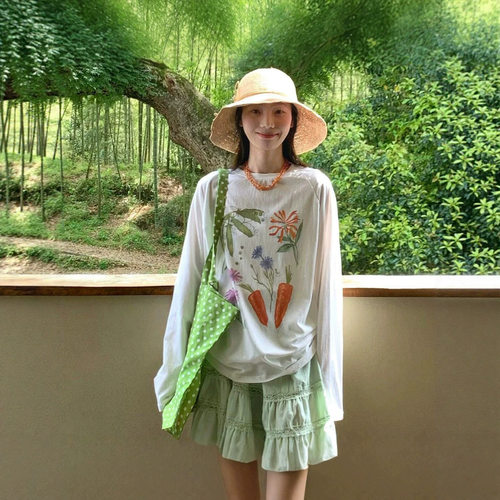 原版面料 薄款印花微透轻薄长袖白色罩衫女慵懒透气防晒网纱T恤