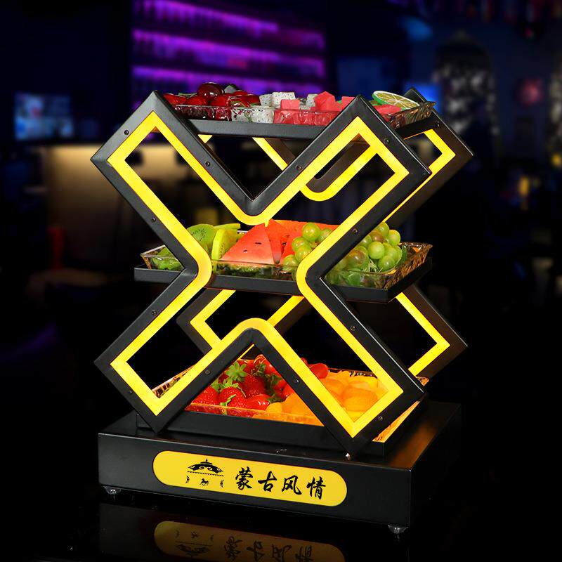 酒吧发光X果盘KTV三层交叉分格水果盘碟子小吃盘金属豪华水果架
