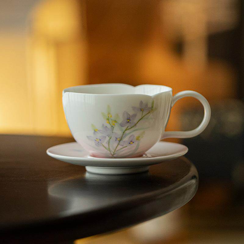墨己陶瓷花口手绘咖啡杯两件套家用下午茶杯花茶杯办公室马克杯
