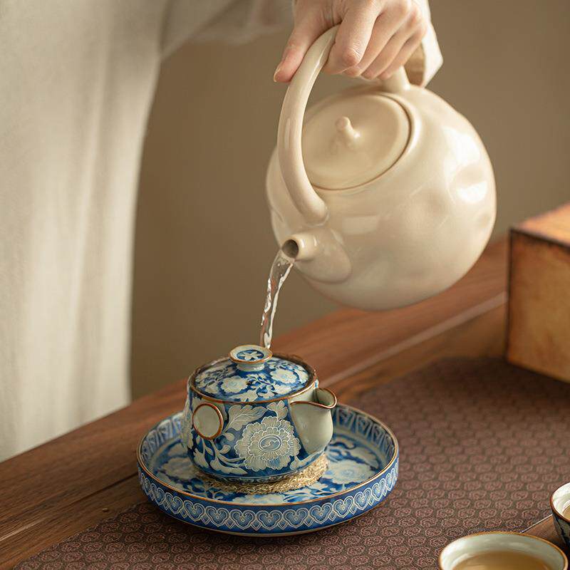 景德镇元青花牡丹大壶承茶托茶盘果盘汝窑开片养线陶瓷茶具配件