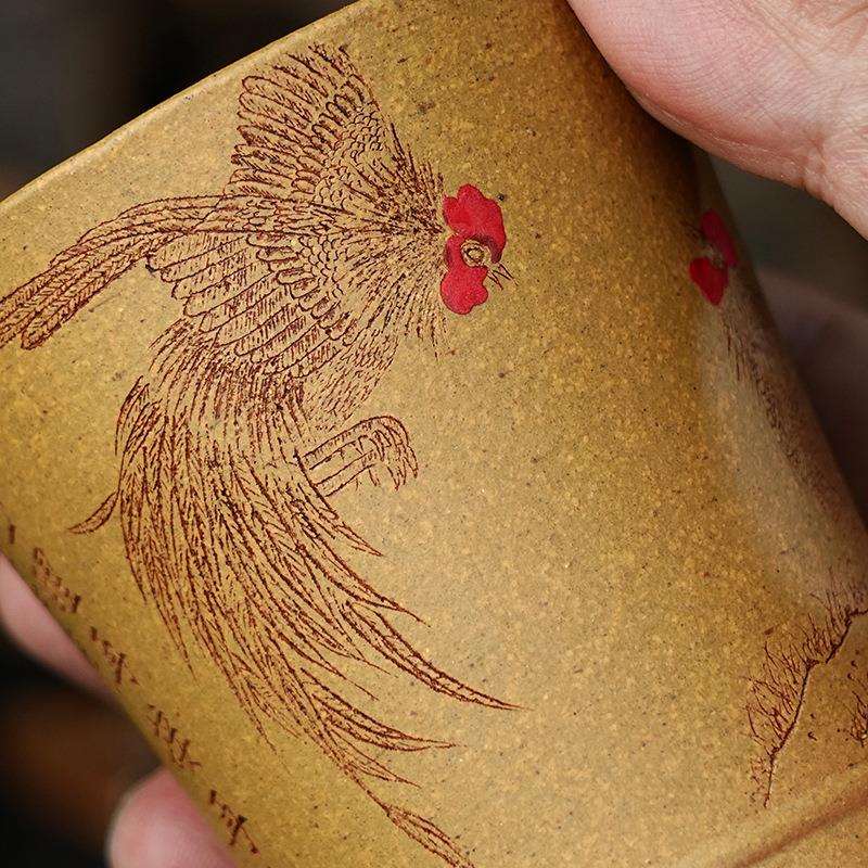 紫来顺原矿黄金段主人杯大容量紫砂品茗杯纯全手工刻绘斗鸡茶杯