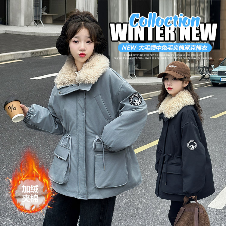 毛领兔毛夹棉派克棉衣女童加厚