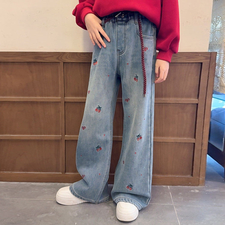 烫钻樱桃加绒牛仔裤