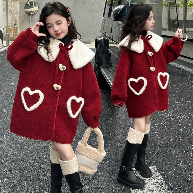 女童年服毛呢外套绒毛新款中大童秋冬