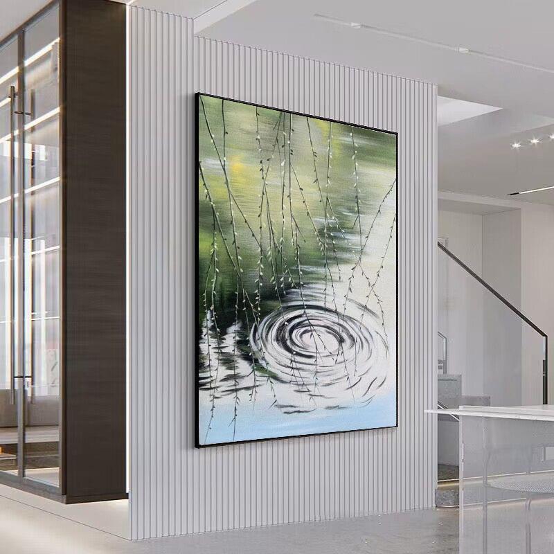 纯手绘油画抽象绿色客厅装饰画轻奢餐厅玄关挂画柳树枝条手工壁画