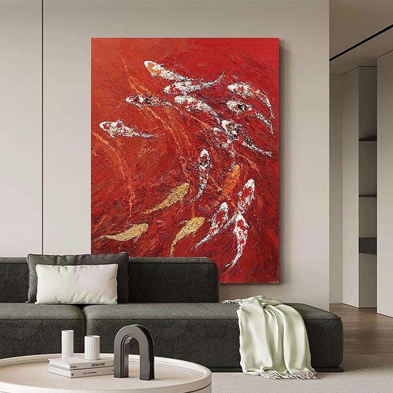 奶油风油画中国红色客厅装饰画九鱼图聚财肌理画玄关抽象锦鲤挂画