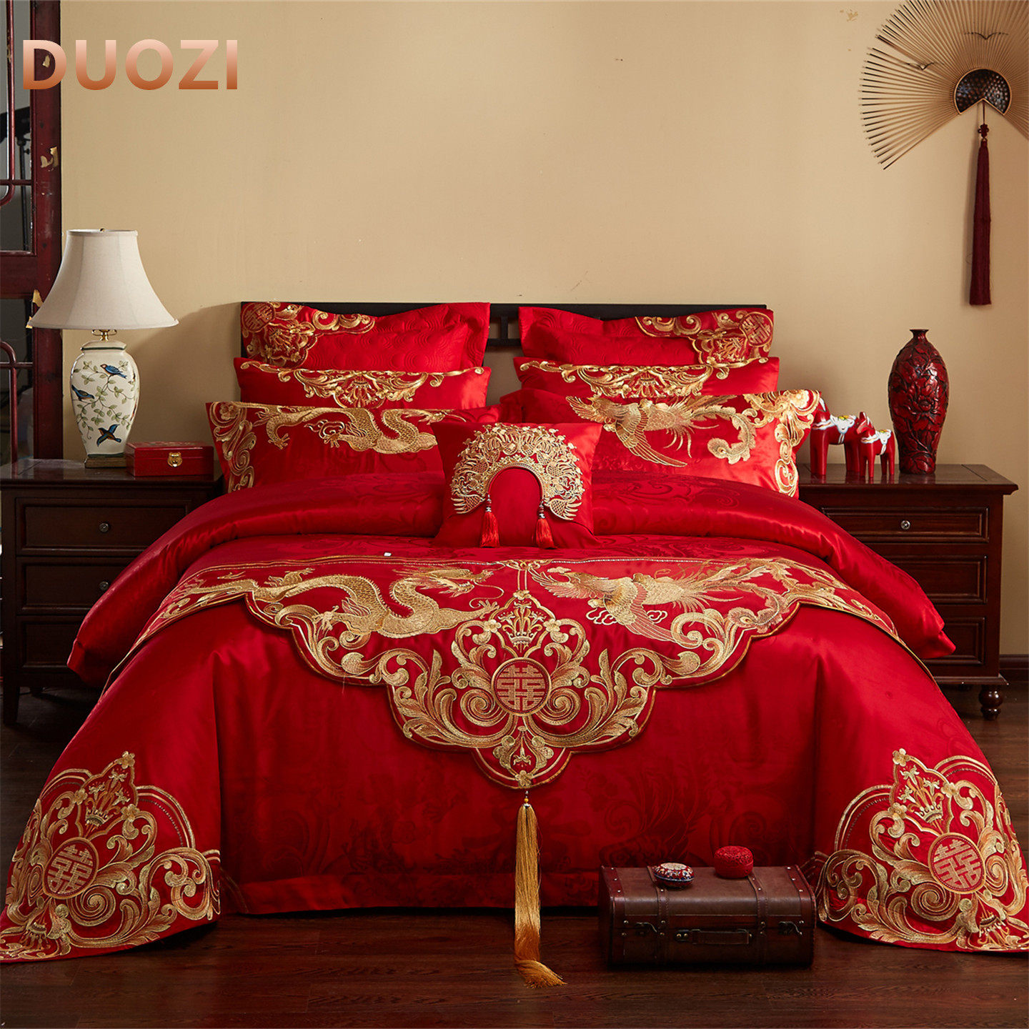 100支贡缎婚庆四六件套大红全棉刺绣被套龙凤床旗结婚床品陪嫁2m,床上用品,婚庆床品套件,淘宝优惠券,粉丝福利购,淘宝优惠卷