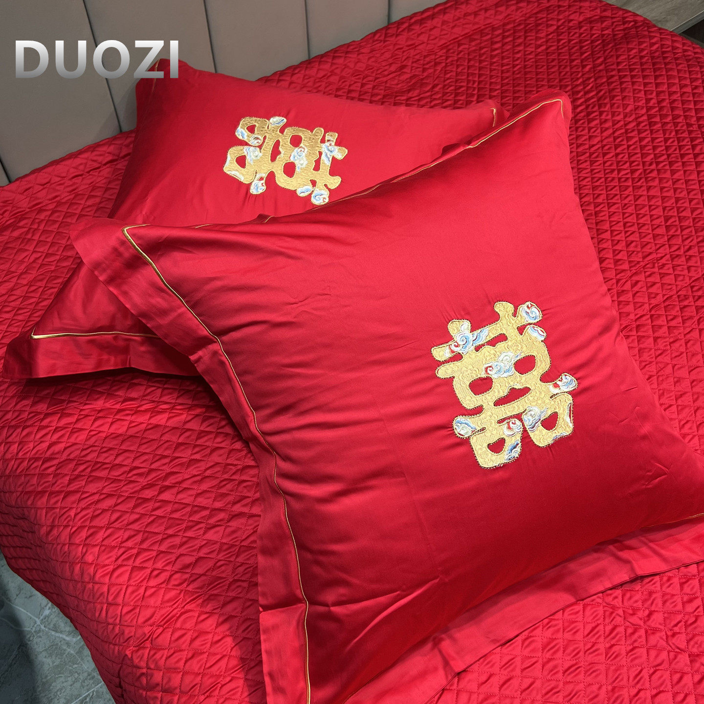 清仓刺绣100支长绒棉靠垫枕套大红酒红60*60抱枕一对结婚床品送礼