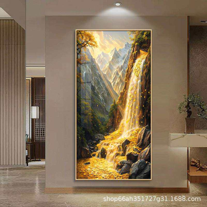 高山流水生财玄关装饰画聚宝盆客厅走廊过道壁画竖版山水风景挂画