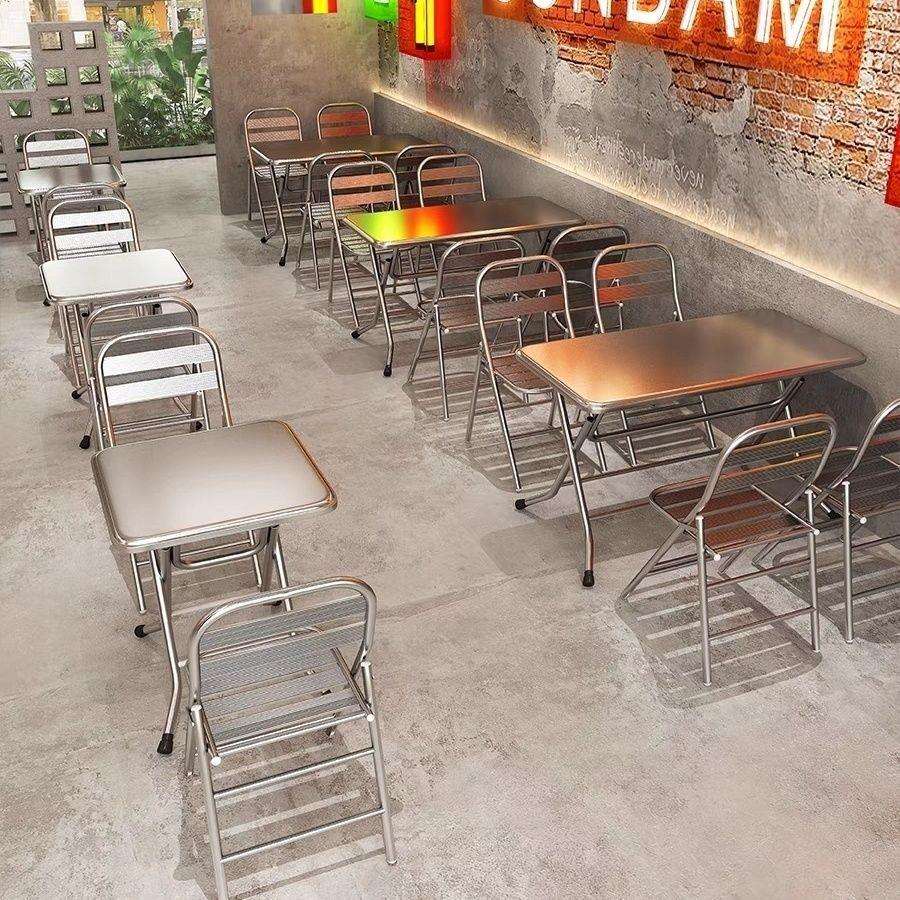 工业风桌椅餐饮小吃店不锈钢折叠双层方桌子烧烤店串串店方桌桌椅图片