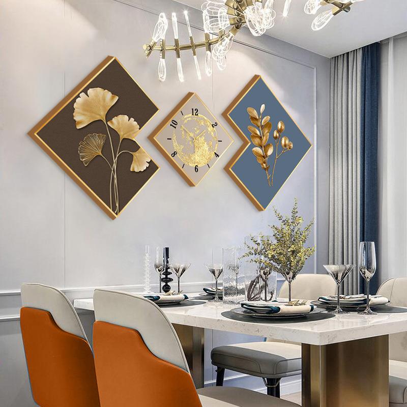 抽象几何轻奢餐厅装饰画墙面钟表壁画客厅饭厅挂画现代简约三联画