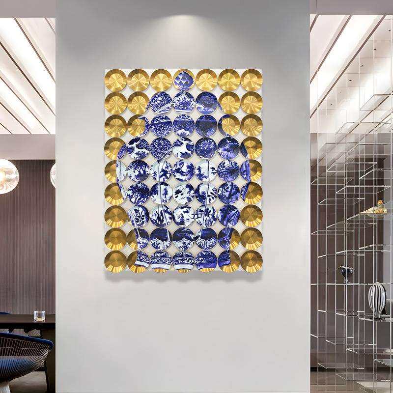 现代酒店大堂艺术高级挂画休息区墙面装饰画别墅楼梯装饰盘子装置