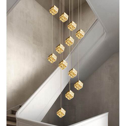 新款 轻奢魔方水晶楼梯吊灯别墅loft中空旋转自建房复式楼长吊灯