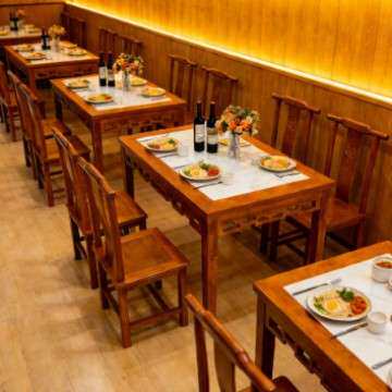 热卖实木岩板餐桌椅面馆小吃早餐店 商用仿古大理石桌凳 长条桌