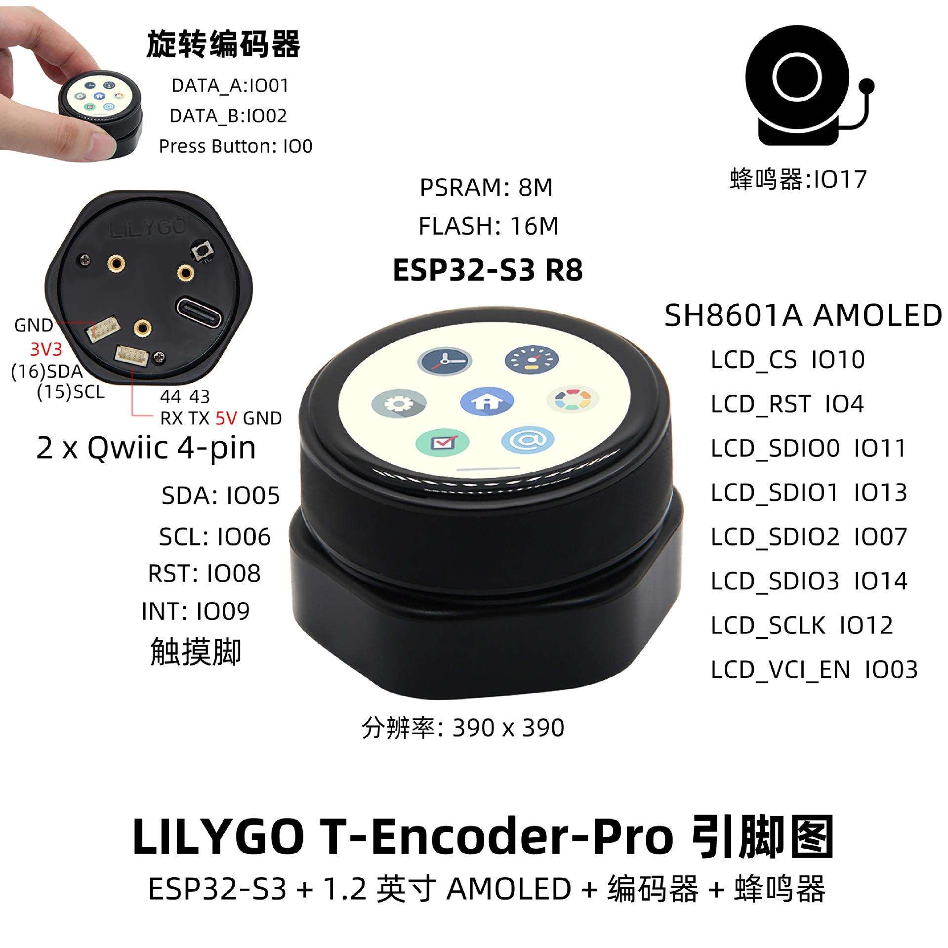 LILYGO® T-Encoder-Pro ESP32-S3旋转编码器带1.2英寸触摸显示屏