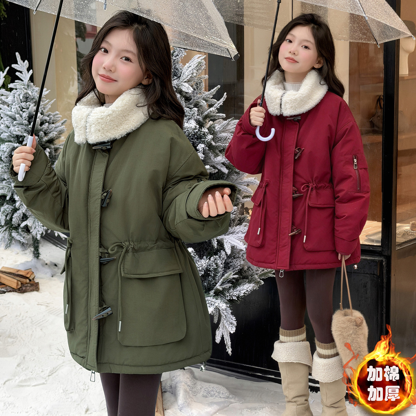 女童冬装派克服加厚外套红色棉衣