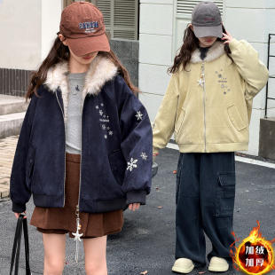 女童冬季加绒加厚外套2026新款洋气麂皮绒雪花刺绣毛领座山雕棉服