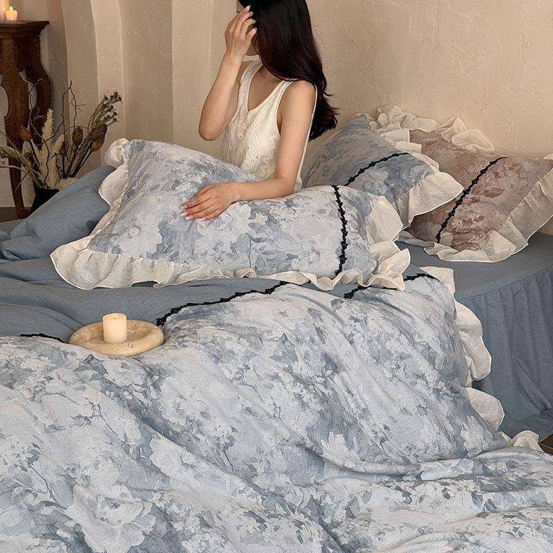 油画风全棉水洗色织缎纹四件套复古花卉提花被套床裙1.8m床上用品