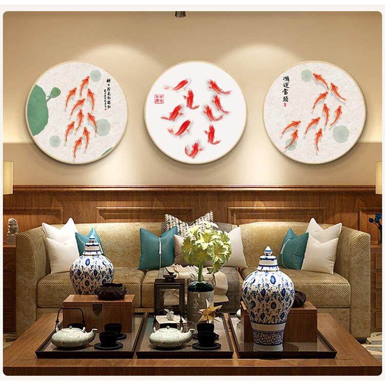 圆形九鱼图风水招财墙壁画锦鲤聚财餐厅装饰画牡丹荷花九条鱼挂画