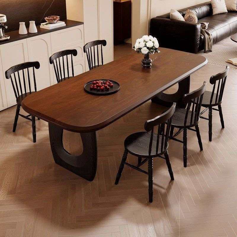 中古风全实木餐桌家用白蜡木设计师黑色意式轻奢复古餐厅石头脚