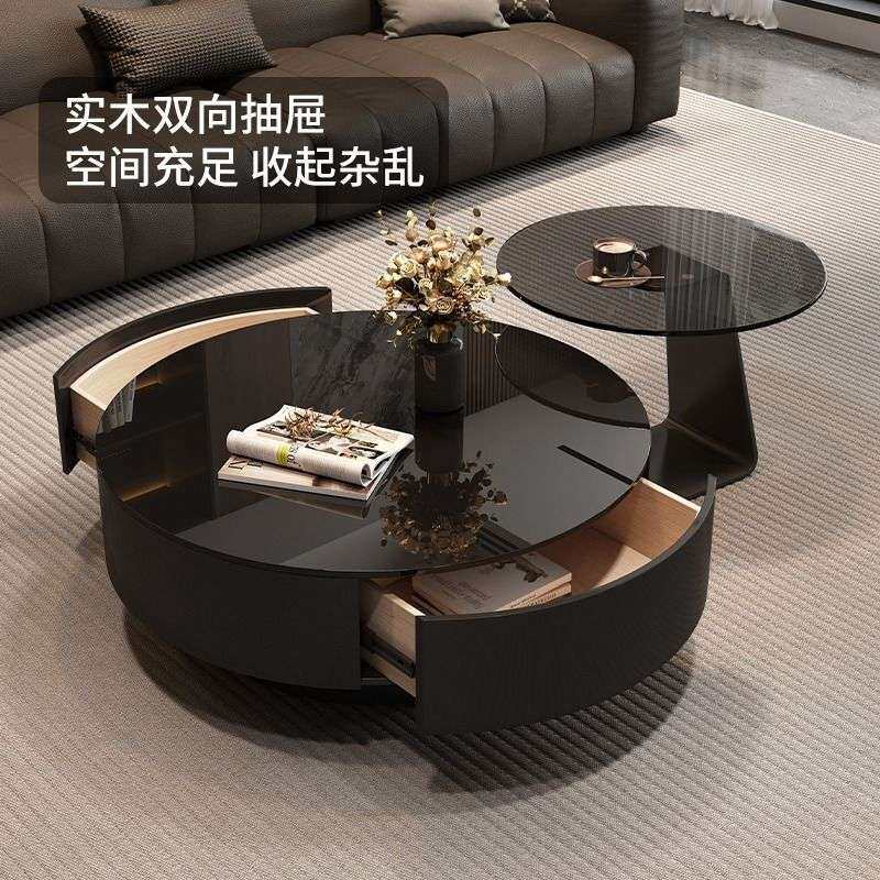意式极简客厅岩板茶几家用轻奢小户型茶桌新款黑玻璃桌子圆形组合