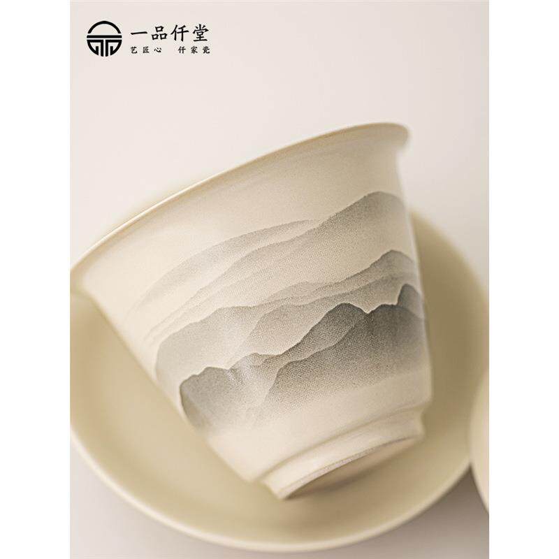 一品仟堂草木灰水墨远山三才盖碗陶瓷茶杯单个大号不烫手敬泡茶碗
