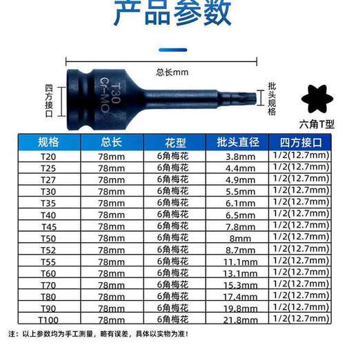 连体气动风炮内六角梅花T型M型旋具套筒组套1/2电动扳手批头盒装