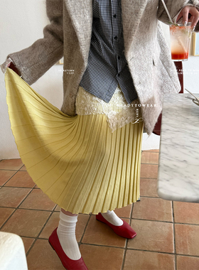 Rubyoffice经典简约显瘦黄色半裙小众百褶裙半身裙迷笛裙蛋糕长裙