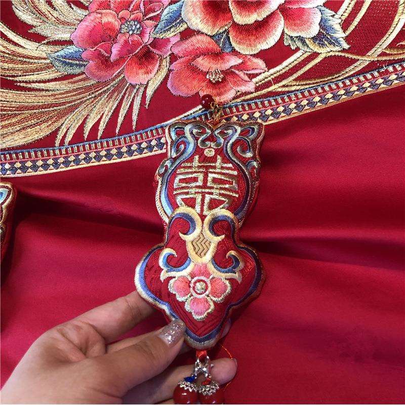 结婚季丨喜庆中式婚庆四件套全棉贡缎提花多件套 大红色一生守候