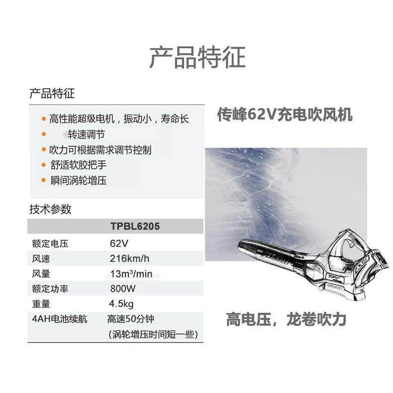 传峰充电式工业吹风机 手提无线锂电吹树叶机 62V大功率鼓风机