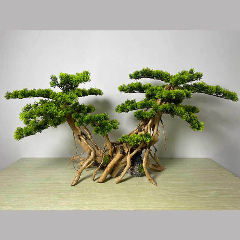 仿真迎客松客厅玄关入户盆景招财禅意松树摆件鱼缸枯木绿植造景