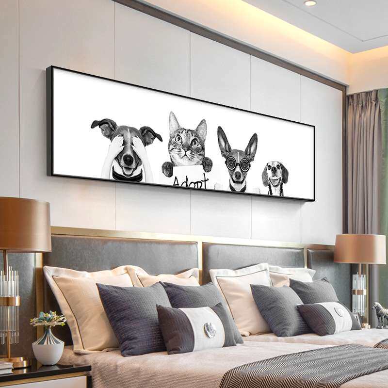 北欧风格动物装饰画客厅卧室横版挂画房间床头画现代简约背景狗狗