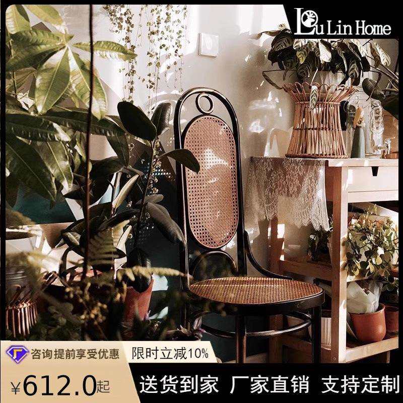 复古实木餐椅法式高靠背创意中古椅设计师酒店餐厅休闲藤编书桌椅