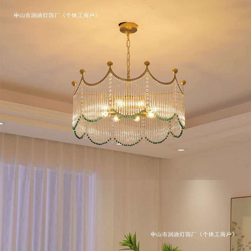 复古绿色珠轻法式奶油水晶玻璃条吊灯美式现代客厅餐厅卧室书房灯