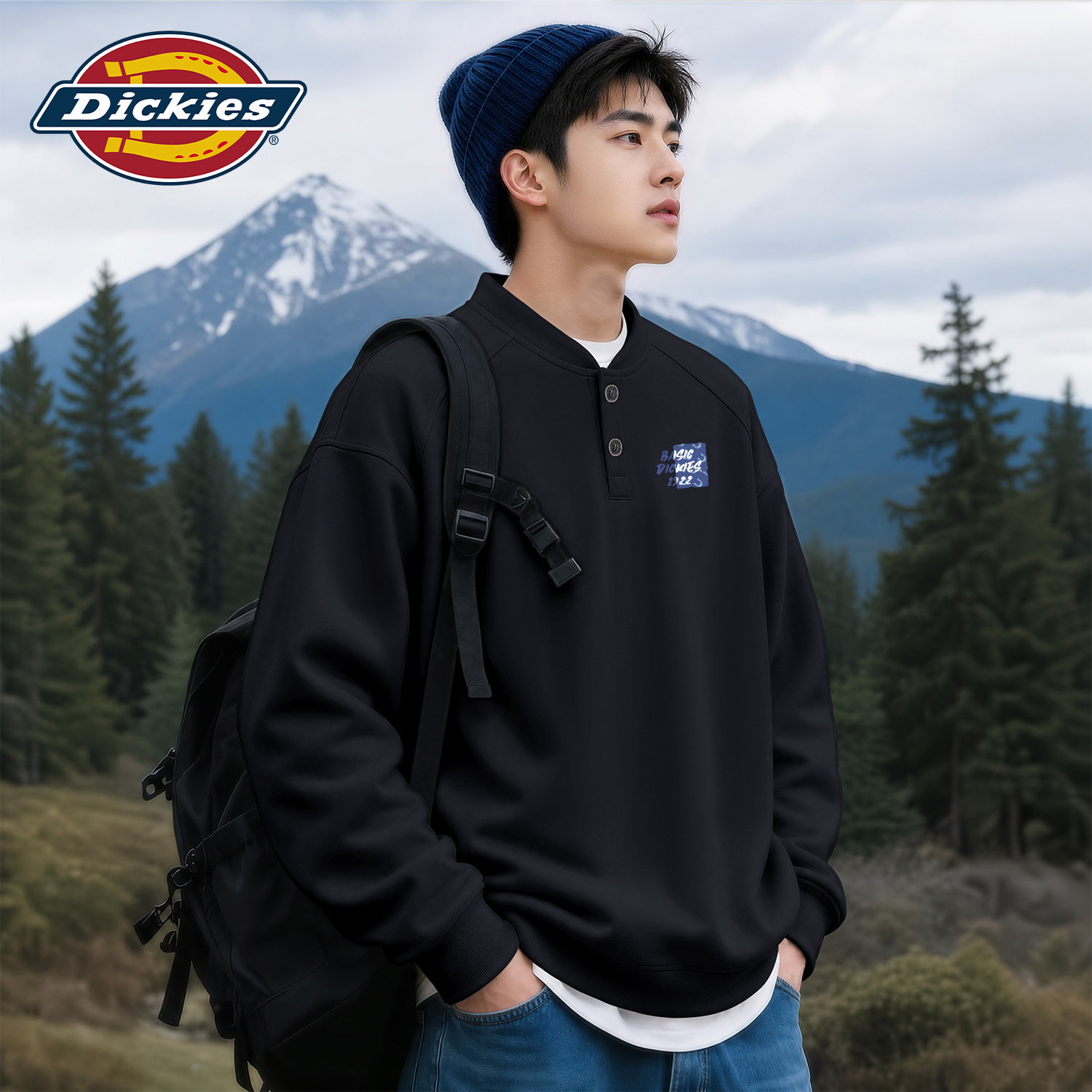 Dickies黑色潮牌亨利领卫衣男款