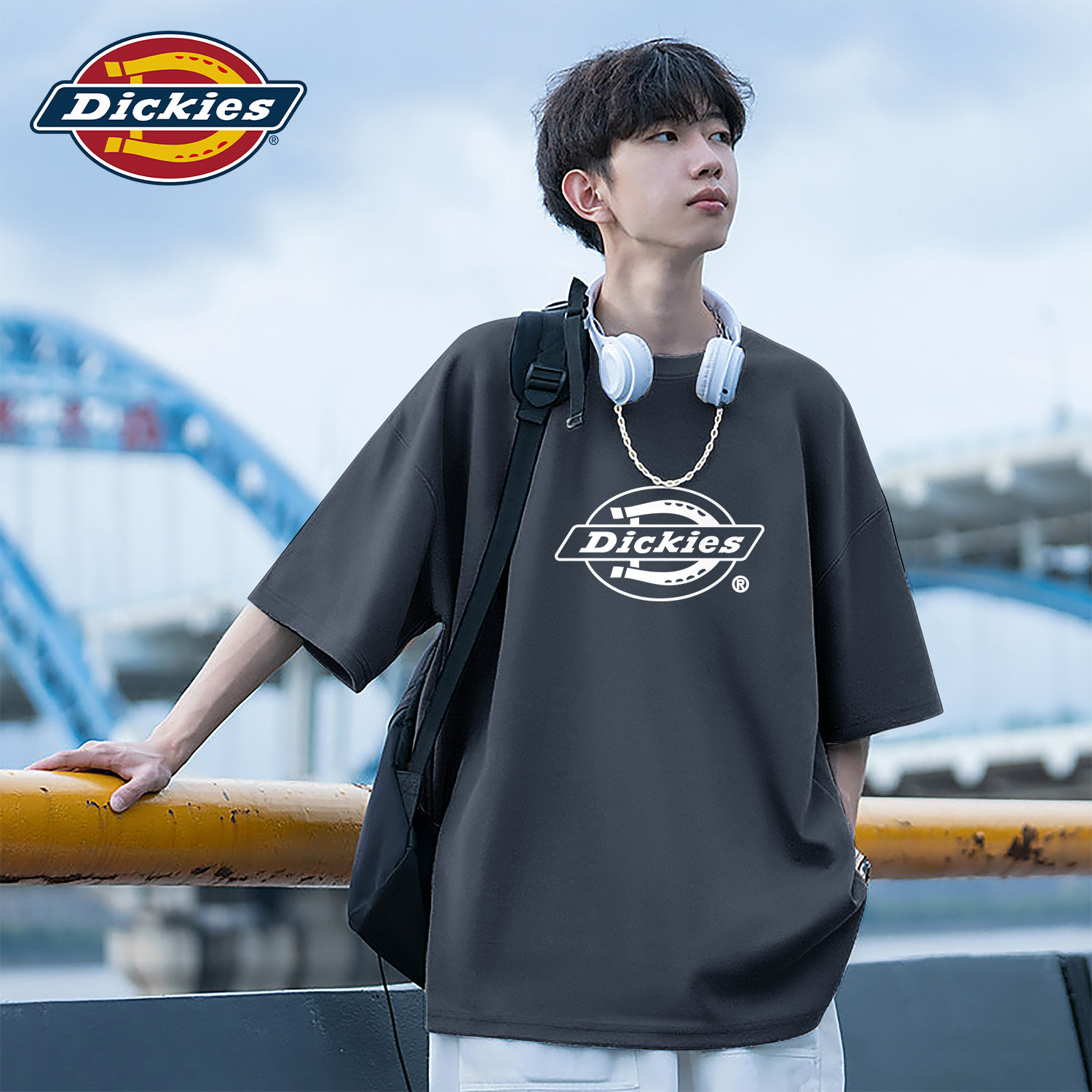 Dickies铁灰色青少年短袖T恤2026新款夏季男士纯棉舒适宽松五分袖