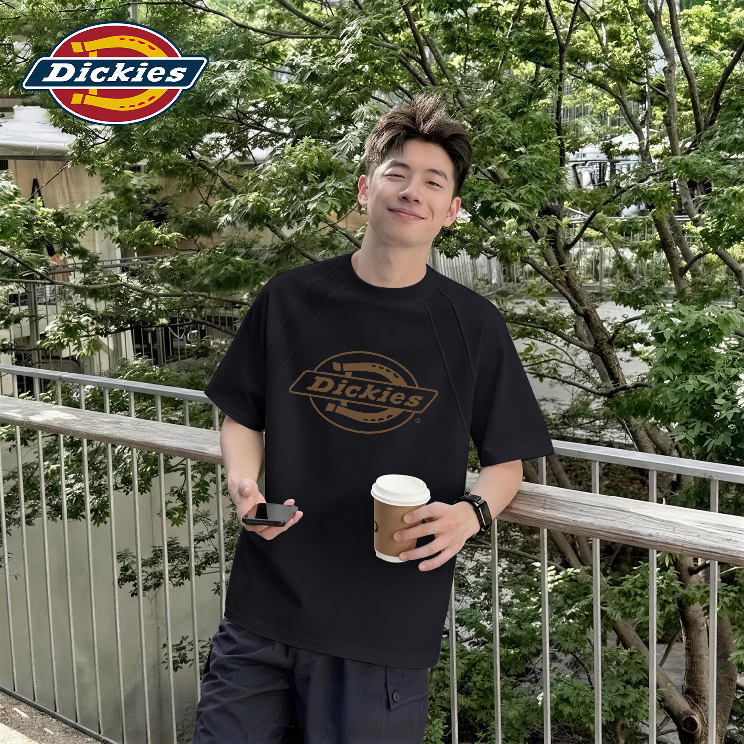 Dickies黑色男士健身拼接短袖T恤2026夏季新款青少年百搭解构半袖
