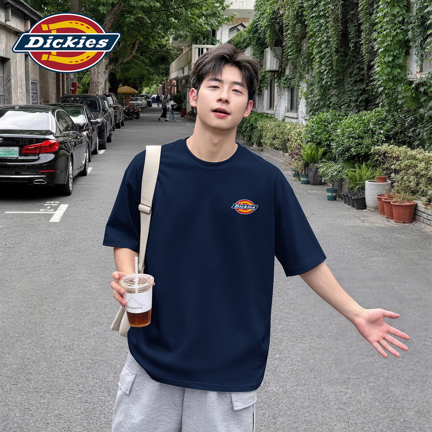 Dickies藏青色青少年短袖T恤2026新款纯棉男士上衣大码重磅五分袖