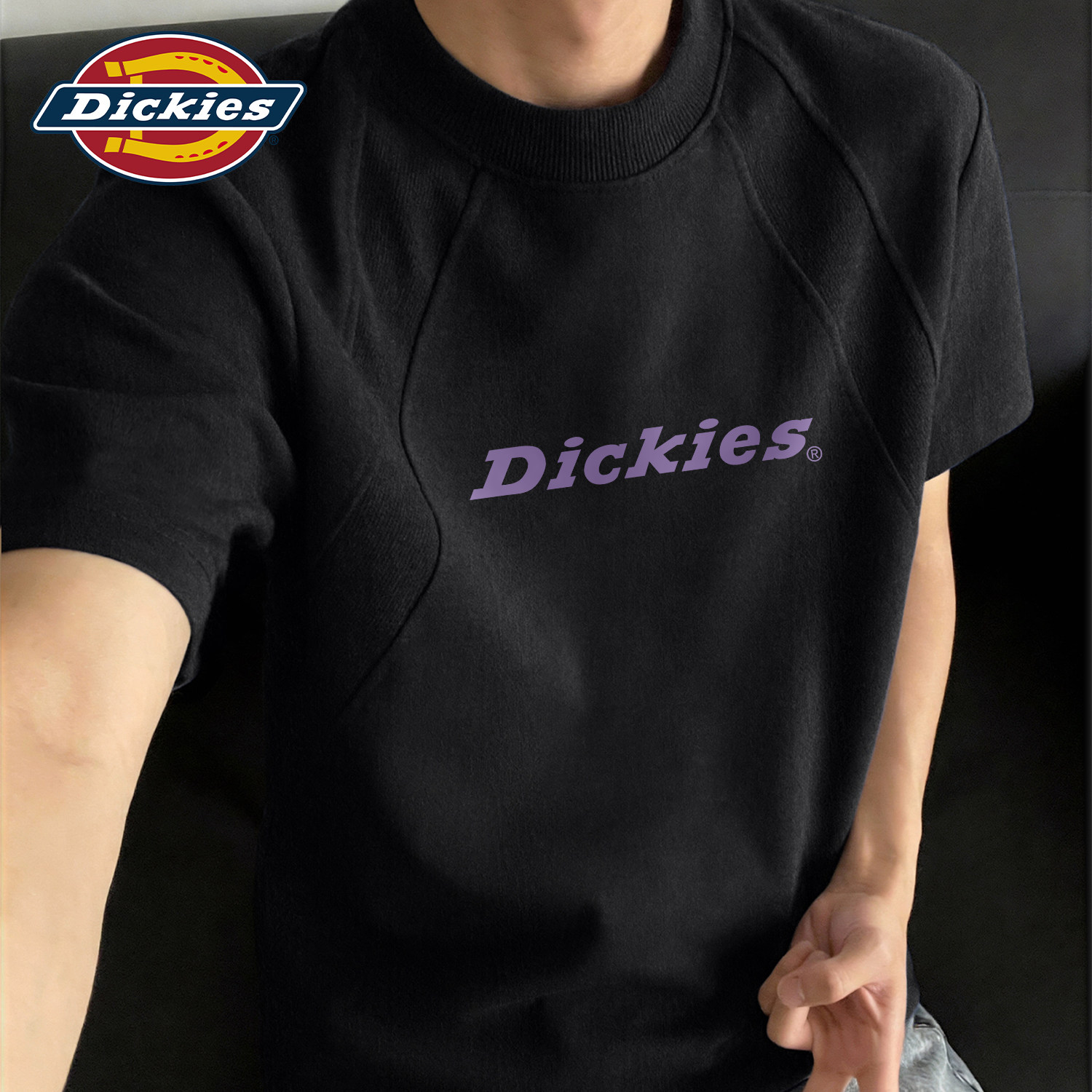 Dickies黑色拼接短袖T恤男款2026新款夏季解构高级感潮流五分半袖