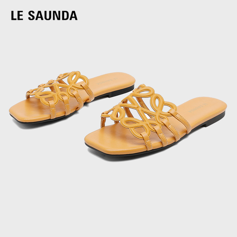 Le Saunda/莱尔斯丹编织花朵平底凉拖鞋女夏一字拖软底度假沙滩鞋