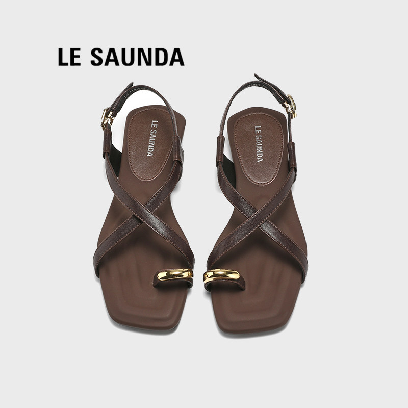 LE SAUNDA/莱尔斯丹罗马绑带凉鞋夏季平底交叉带金属装饰百搭软底