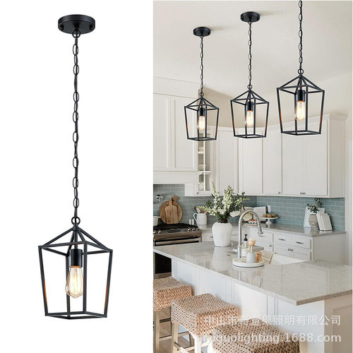 跨境吊灯餐厅美式简约复古创意铁艺黑色吸顶灯客厅卧室灯亚马逊
