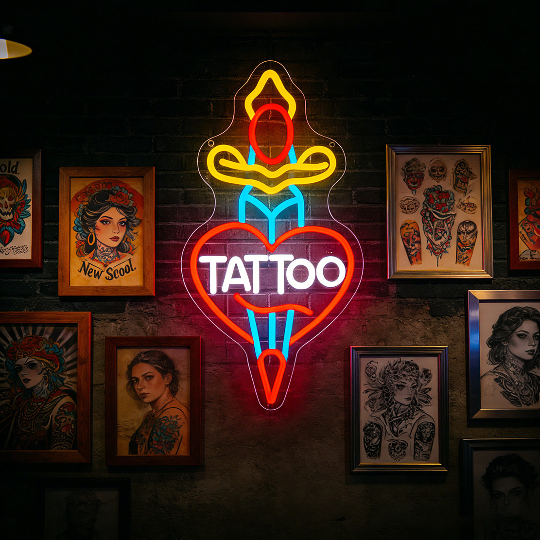 TATTOO纹身店霓虹灯牌爱心剑烛刺青元素发光装饰灯工作室氛围灯