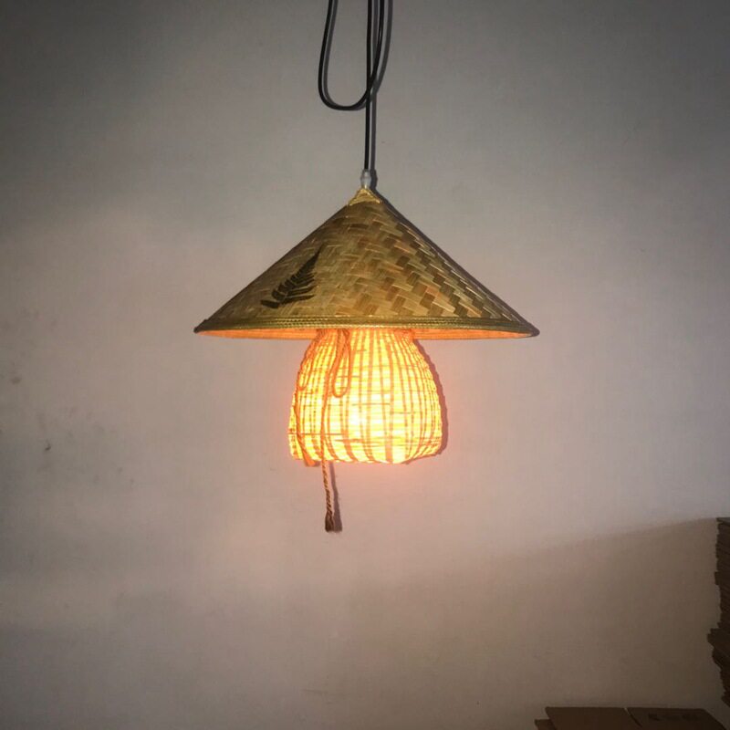 田园餐厅饭店民宿卧室阳台中式斗笠钱袋厂家直销工程竹编吊灯