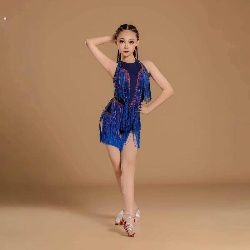 拉丁舞蹈服新款女童挂颈流苏亮片拼接练功服高端演出训练服装