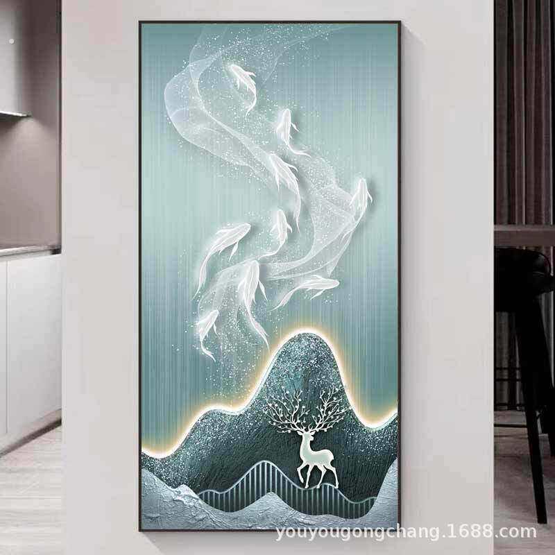 现代轻奢入户玄关装饰画客厅走廊过道壁画竖版好寓意进门晶瓷挂画