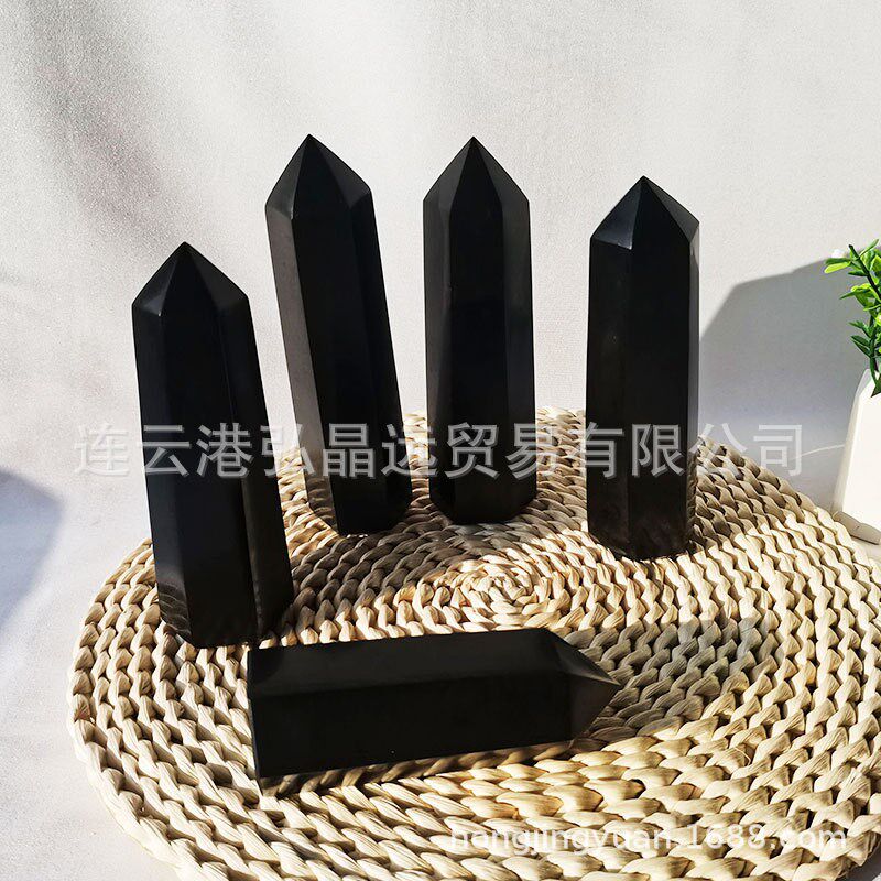 厂家天然黑碧玺六棱柱单尖柱原石打磨办公家居摆件水晶工艺品