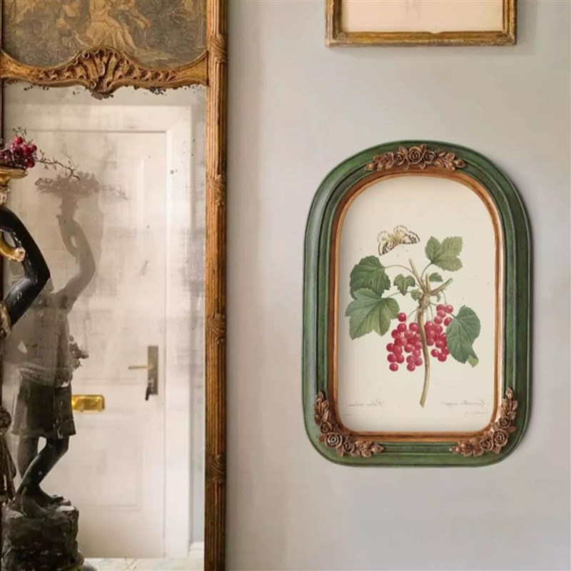 中古小众古典复古怀旧装饰画法式植物花卉拱形框美式挂画餐厅房间